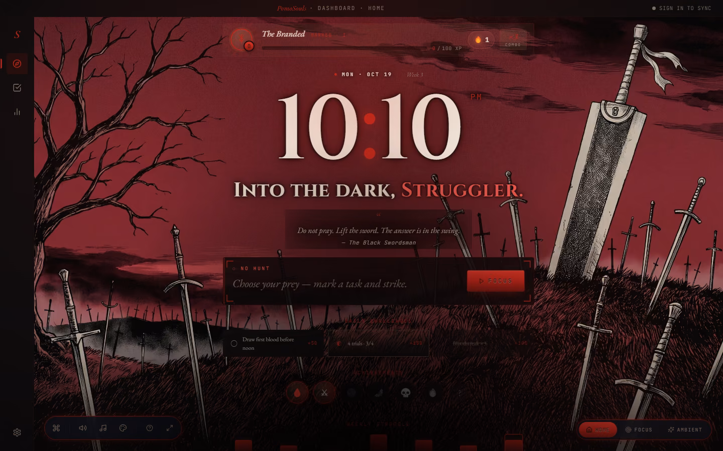 The PomoSouls Home screen in the Berserk world: the clock, a quote and the hunt for your next task